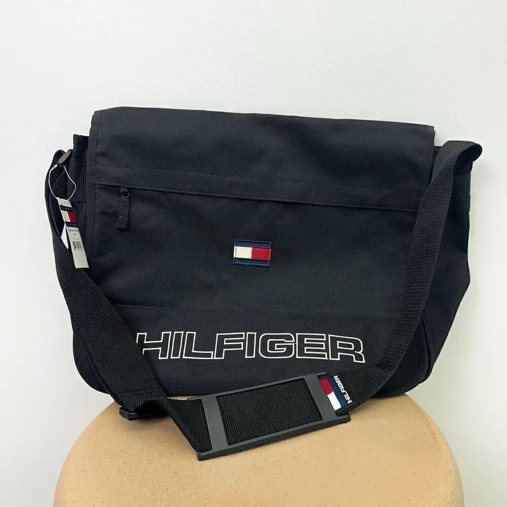 Tommy Hilfiger Unisex Vintage Y2K 90s Black Spell Out Small Flag Messenger Bag
